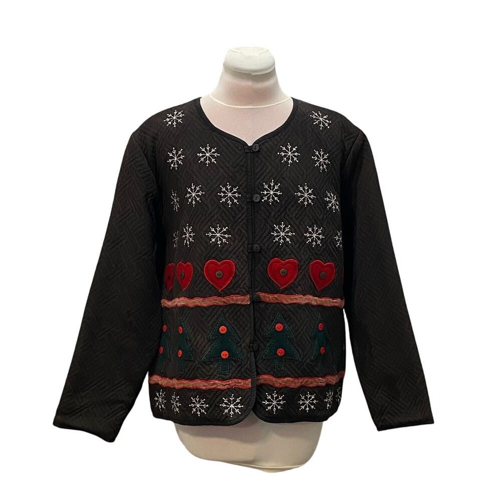 VINTAGE ARIEL Quilted Holiday Christmas Cardigan Jacket L Embroidery Cottagecore